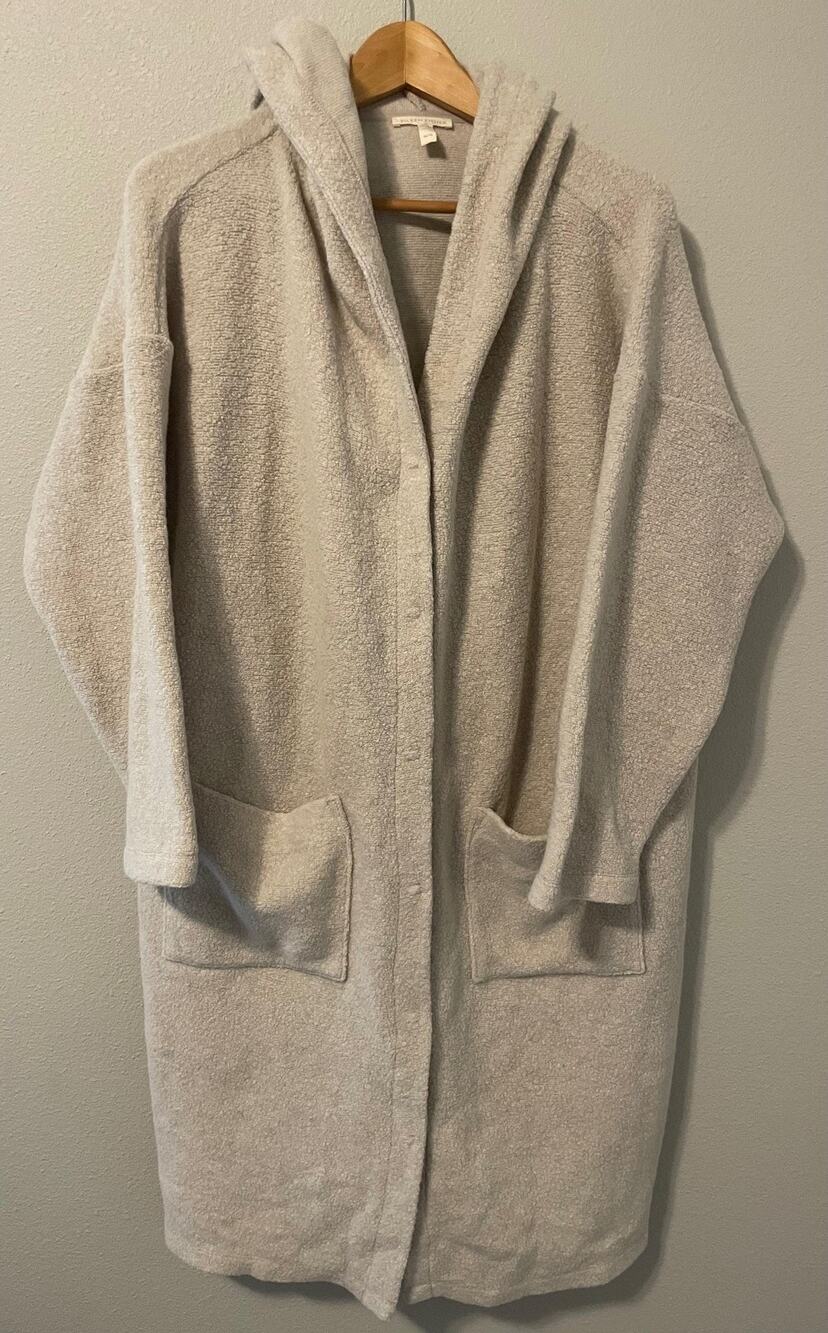 Eileen Fisher Cardigan Sweater Womens XL Cream Wool Blend Hooded Snap Front Cozy